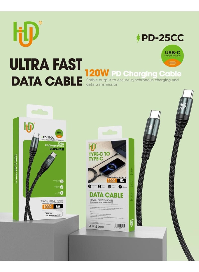 Type-C to Type-C  USB-C PD-25CC Ultra Fast Data Cable 120W, 1000mm Durable Data Transfer & Charging Cable for iPhone, Samsung, Android Devices