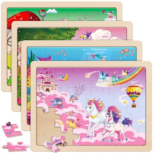 SYNARRY Large Unicorn Mermaid Princess Fairy Wooden Kids Puzzles 4 in 1 Gift Box122  94 in Wood Puzzles for Kids Ages 46 Wood Puzzles for Kids Ages 35 Easter Basket Stuffers Gifts for Kids - Image 1