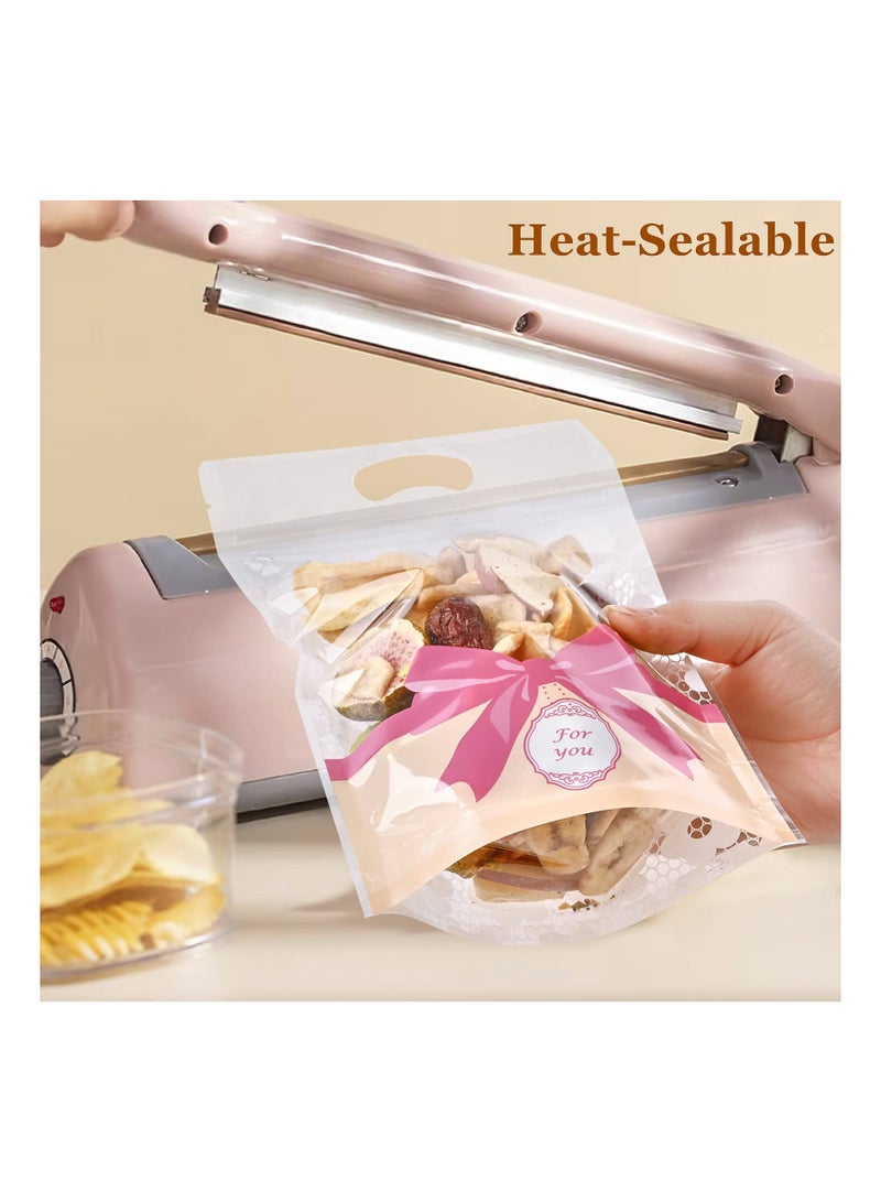 Zikra 50 Pack Clear Treat Bags, Resealable Ziplock Bags Plastic Bakery Packaging Window Airtight Bags Candy Presentation Bag Stand Up Party Favor Bags for Cookies, Candies, Snack, 6 x 8 Inches (PINK) - Image 3