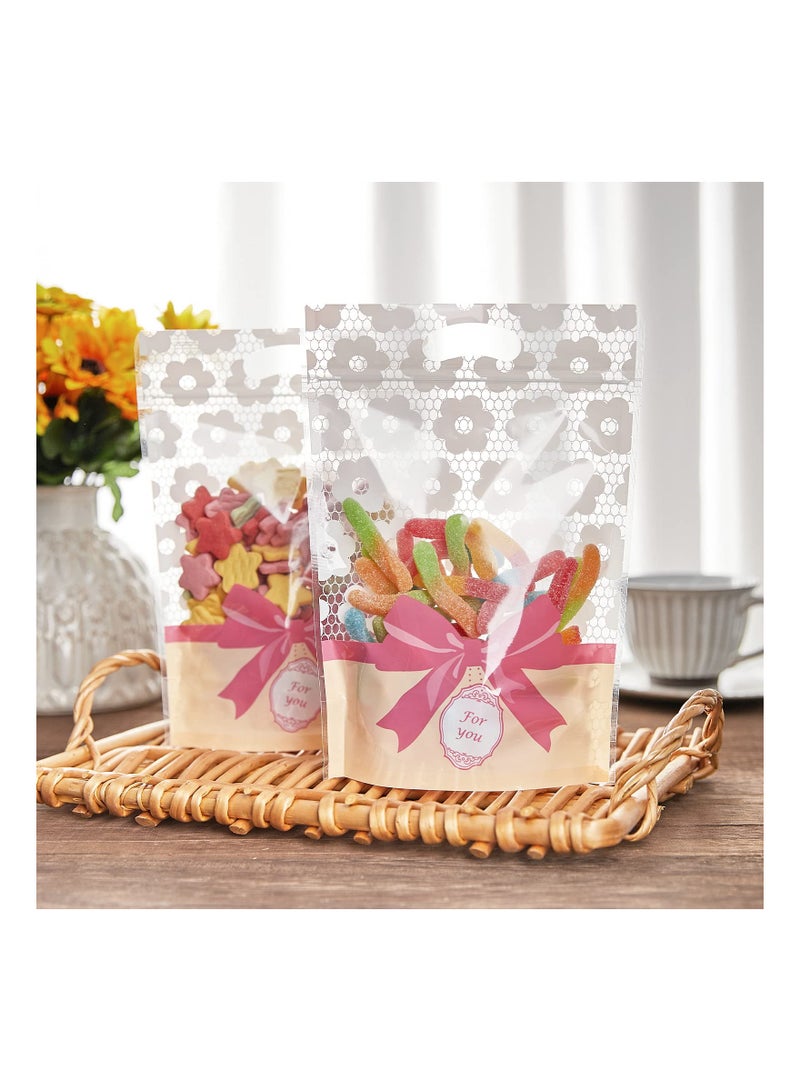 Zikra 50 Pack Clear Treat Bags, Resealable Ziplock Bags Plastic Bakery Packaging Window Airtight Bags Candy Presentation Bag Stand Up Party Favor Bags for Cookies, Candies, Snack, 6 x 8 Inches (PINK) - Image 1