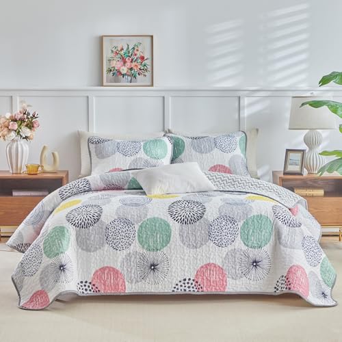 UOZZI BEDDING 3 Piece Reversible Quilt Set Queen Size 90x90 Soft Microfiber Lightweight Coverlet Bedspread Summer Comforter Set Bed Cover Blanket for All Season Pink Yellow Teal Colorful Dots - Image 3