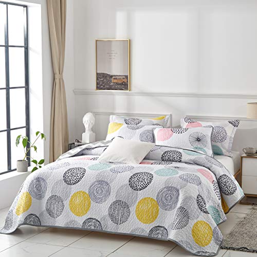 UOZZI BEDDING 3 Piece Reversible Quilt Set Queen Size 90x90 Soft Microfiber Lightweight Coverlet Bedspread Summer Comforter Set Bed Cover Blanket for All Season Pink Yellow Teal Colorful Dots - Image 4