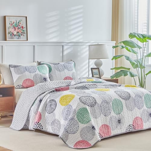 UOZZI BEDDING 3 Piece Reversible Quilt Set Queen Size 90x90 Soft Microfiber Lightweight Coverlet Bedspread Summer Comforter Set Bed Cover Blanket for All Season Pink Yellow Teal Colorful Dots - Image 2