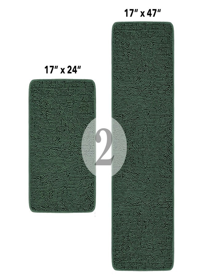 Yeaban Bathroom Rugs Sets 2 Piece - Thick Chenille Bath Mats | Absorbent and Washable Bath Rug Non-Slip, Soft Rugs for Bathroom, Shower, Sink(17"x24" and 17"x47", Dark Green) - Image 2