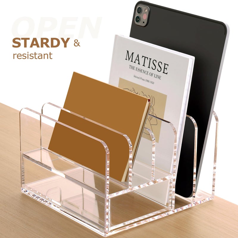 SANRUI Acrylic Mail Sorter Desktop Organizer Holder with Drawer, 5 Compartments Clear Small File Script Letter Document Storage for Desk Bill Filling Envelope Holder Office, Home, School Organization - Image 3