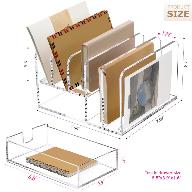 SANRUI Acrylic Mail Sorter Desktop Organizer Holder with Drawer, 5 Compartments Clear Small File Script Letter Document Storage for Desk Bill Filling Envelope Holder Office, Home, School Organization - Image 2