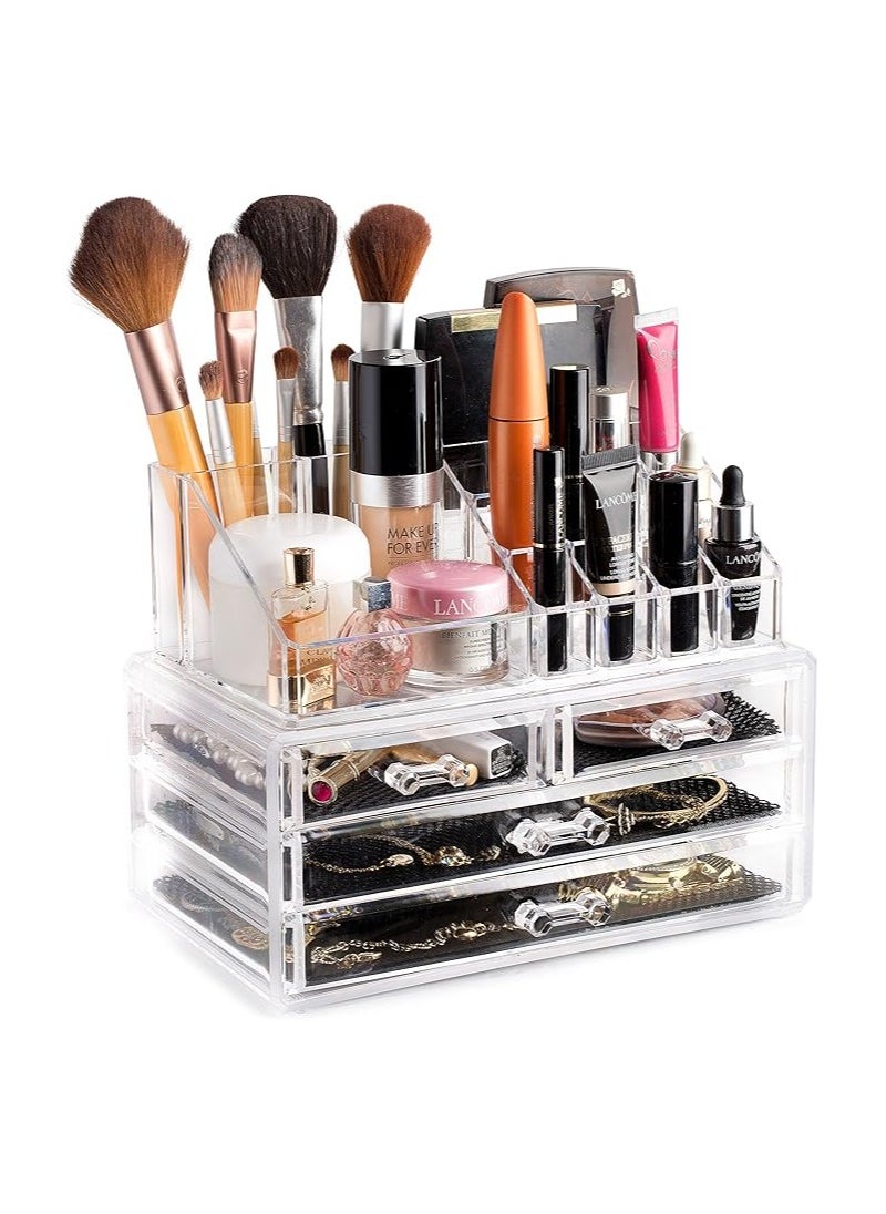 Masirs Clear Cosmetic Storage Organizer - Easily Organize Your Cosmetics, Jewelry and Hair Accessories. Looks Elegant Sitting on Your Vanity, Bathroom Counter or Dresser. Clear Design for Easy Visibility  - Image 1