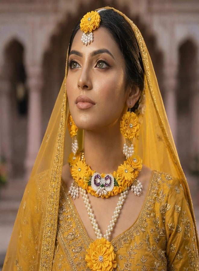 Radhika Yellow Floral Jewellery Set for Haldi & Mehndi | Handmade Fabric Flower Necklace with Earrings & Hair Accessories | Pearl Beaded Bridal Artificial Jewellery Set for Women & Girls - Image 2