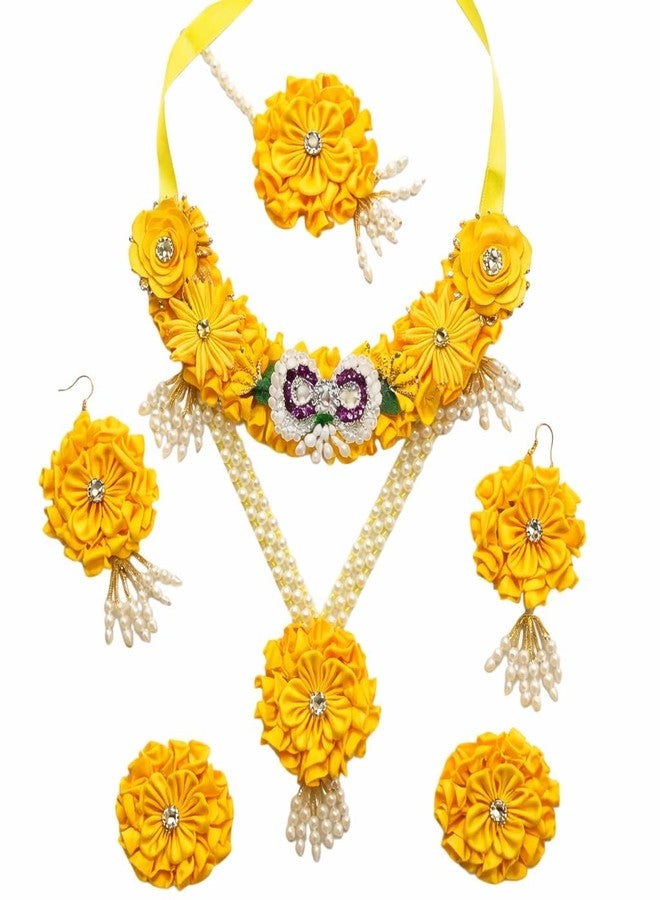 Radhika Yellow Floral Jewellery Set for Haldi & Mehndi | Handmade Fabric Flower Necklace with Earrings & Hair Accessories | Pearl Beaded Bridal Artificial Jewellery Set for Women & Girls - Image 1