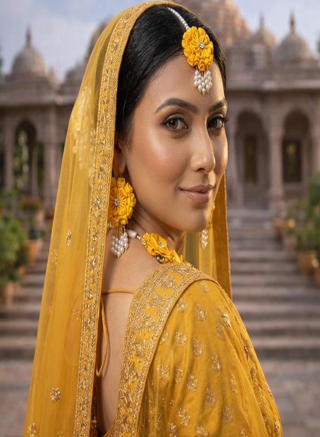 Radhika Yellow Floral Jewellery Set for Haldi & Mehndi | Handmade Fabric Flower Necklace with Earrings & Hair Accessories | Pearl Beaded Bridal Artificial Jewellery Set for Women & Girls - Image 5