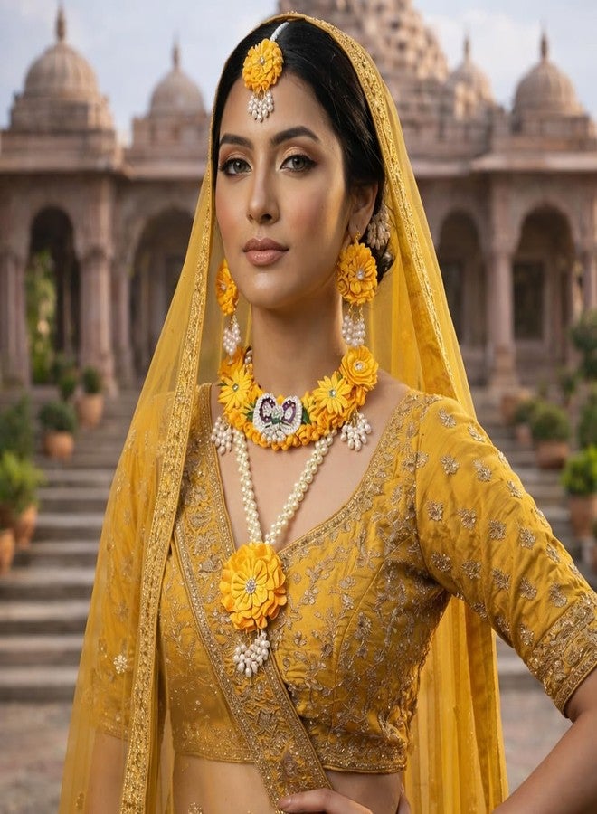 Radhika Yellow Floral Jewellery Set for Haldi & Mehndi | Handmade Fabric Flower Necklace with Earrings & Hair Accessories | Pearl Beaded Bridal Artificial Jewellery Set for Women & Girls - Image 4