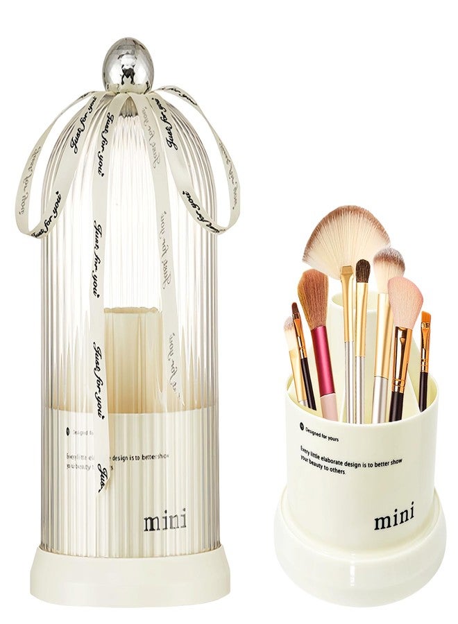 JIANGLAI Makeup Brush Holder with Lid, 360° Rotating Multifunction Clear Dustproof Skincare Cosmetic Tools Storage Organizer for Vanity Desktop Bathroom Countertop (White) - Image 1