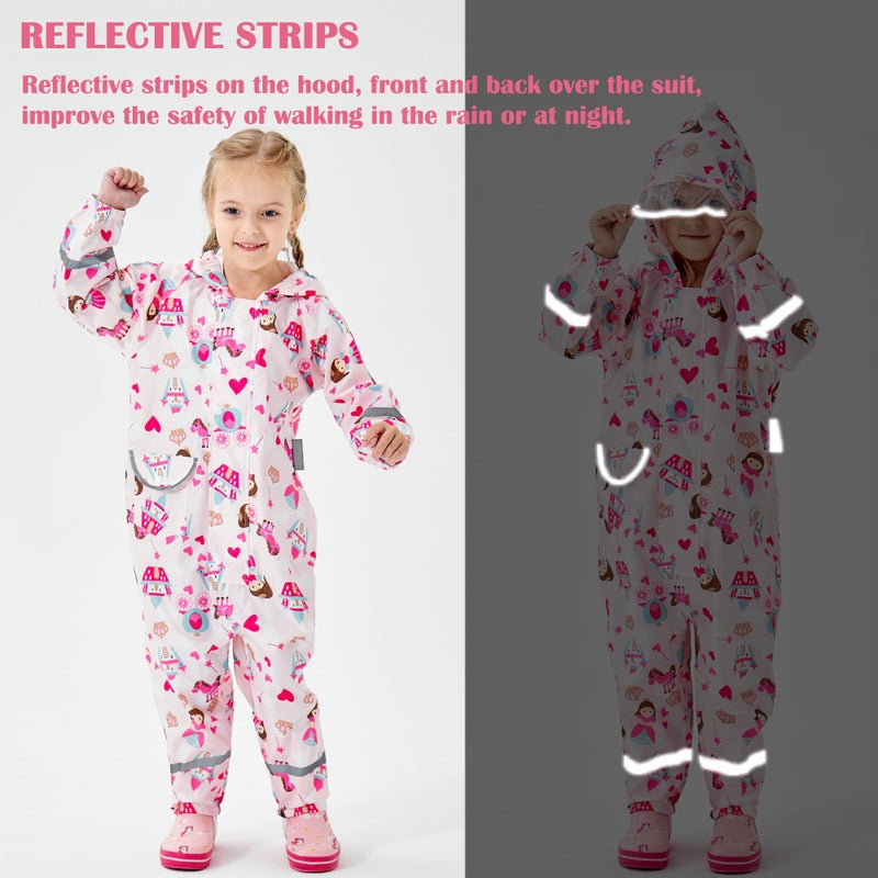 Fewlby Kids Toddler Rain Suit for Boys Girls One Piece Hoodie Zipper Cartoon Waterproof Coverall Rain Jacket 2-5 Years M Size - Image 4