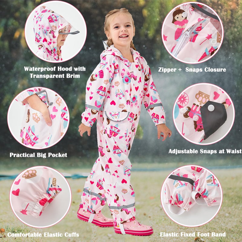 Fewlby Kids Toddler Rain Suit for Boys Girls One Piece Hoodie Zipper Cartoon Waterproof Coverall Rain Jacket 2-5 Years M Size - Image 2