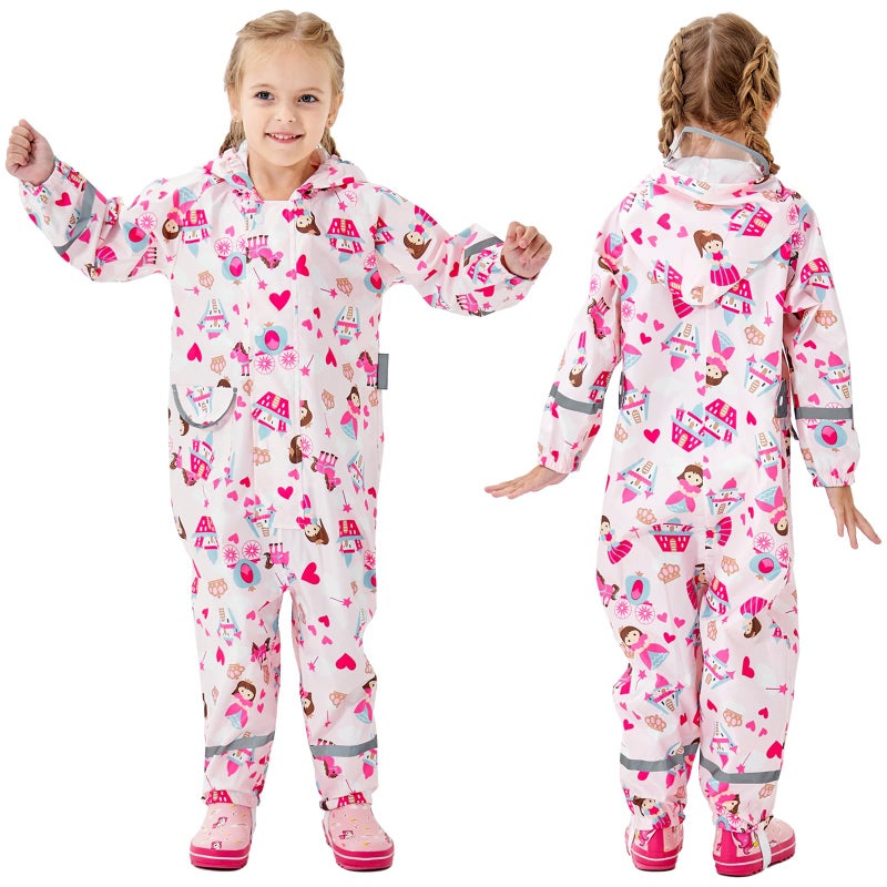 Fewlby Kids Toddler Rain Suit for Boys Girls One Piece Hoodie Zipper Cartoon Waterproof Coverall Rain Jacket 2-5 Years M Size - Image 1