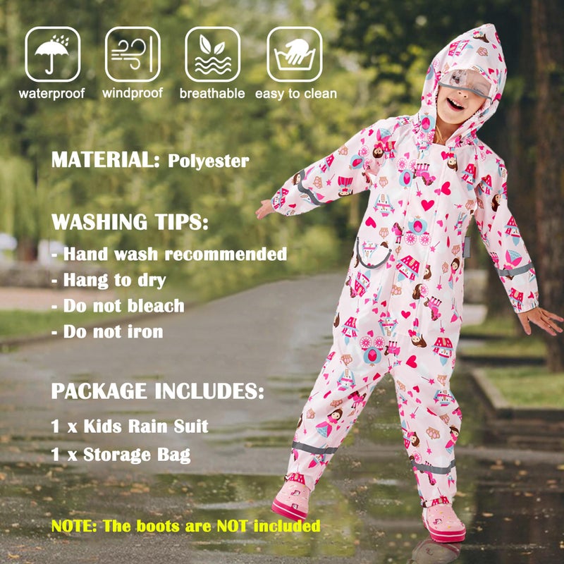 Fewlby Kids Toddler Rain Suit for Boys Girls One Piece Hoodie Zipper Cartoon Waterproof Coverall Rain Jacket 2-5 Years M Size - Image 3