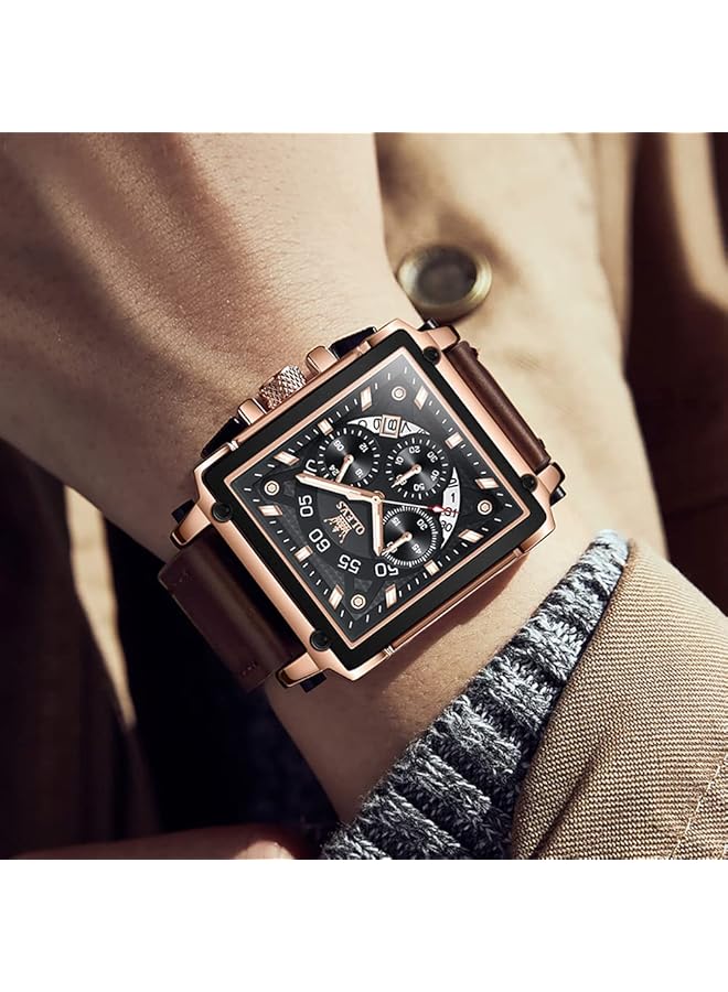 أوليفز ساعات رجالية كوارتز كرونوغراف جلد موضة رسمية ساعة تاريخ مقاومة للماء مضيئة ساعات يد كاجوال مربعة للأعمال… - Image 4