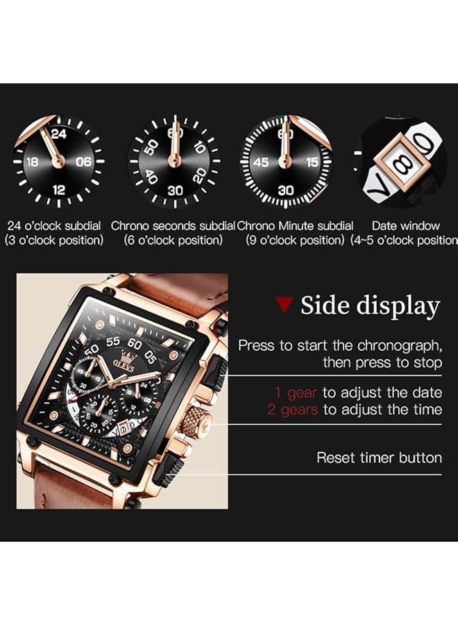 أوليفز ساعات رجالية كوارتز كرونوغراف جلد موضة رسمية ساعة تاريخ مقاومة للماء مضيئة ساعات يد كاجوال مربعة للأعمال… - Image 3