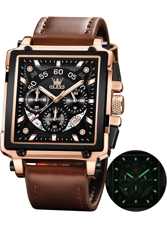 أوليفز ساعات رجالية كوارتز كرونوغراف جلد موضة رسمية ساعة تاريخ مقاومة للماء مضيئة ساعات يد كاجوال مربعة للأعمال… - Image 1