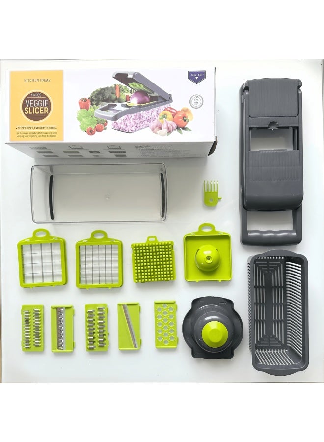 عام فرامة الخضروات المحترفة، فرامة البصل، فرامة طعام متعددة الوظائف 14 في 1، قطاعة ومفرمة وسكين الخضروات للمطبخ، فرامة الخضار بـ 8 شفرات، فرامة الجزر والثوم مع حاوية. - Image 5