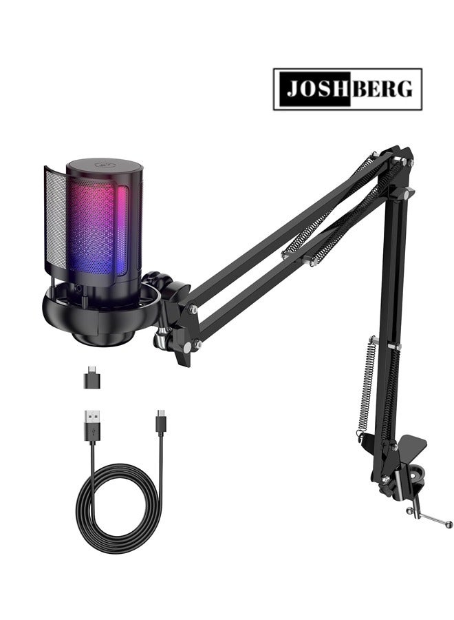 Joshberg Gaming Microphone USB Condenser Podcast Microphone with RGB Lighting PC Mic with Boom Arm, Pop Filter Compatible with windows, mac OS, Smartphones, PS4/PS5,Black - Image 1