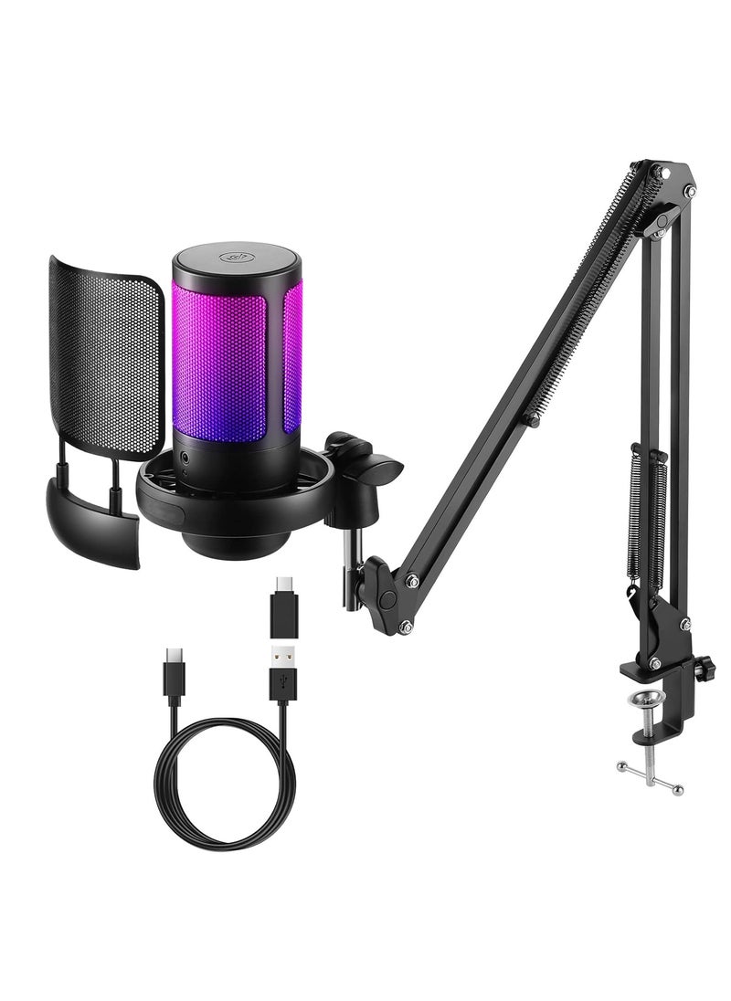 Joshberg - Gaming Microphone USB Condenser Podcast Microphone with RGB Lighting PC Mic with Boom Arm, Pop Filter Compatible with windows, mac OS, Smartphones, PS4/PS5,Black - Image 1
