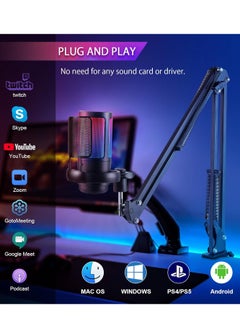 جوشبيرغ مكرفون ميكروفون الألعاب بمكثف USB للبودكاست مع ميكروفون للكمبيوتر الشخصي بإضاءة RGB مع ذراع بوم، فلتر بوب متوافق مع نظام التشغيل windows، وmac OS، والهواتف الذكية، PS4/PS5، أسود  - Image 4