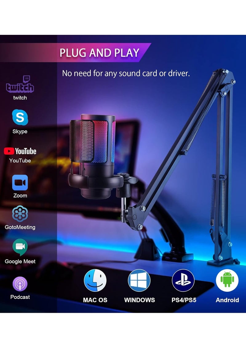 Joshberg - Gaming Microphone USB Condenser Podcast Microphone with RGB Lighting PC Mic with Boom Arm, Pop Filter Compatible with windows, mac OS, Smartphones, PS4/PS5,Black - Image 1