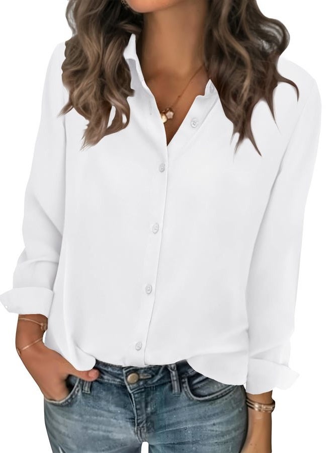 zeagoo Women Blouses Chiffon Long Sleeve Button Down Shirts Business Causal Dressy Work Top V Neck Summer Spring Clothes, White, S - Image 1