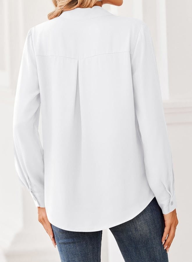 zeagoo Women Blouses Chiffon Long Sleeve Button Down Shirts Business Causal Dressy Work Top V Neck Summer Spring Clothes, White, S - Image 5
