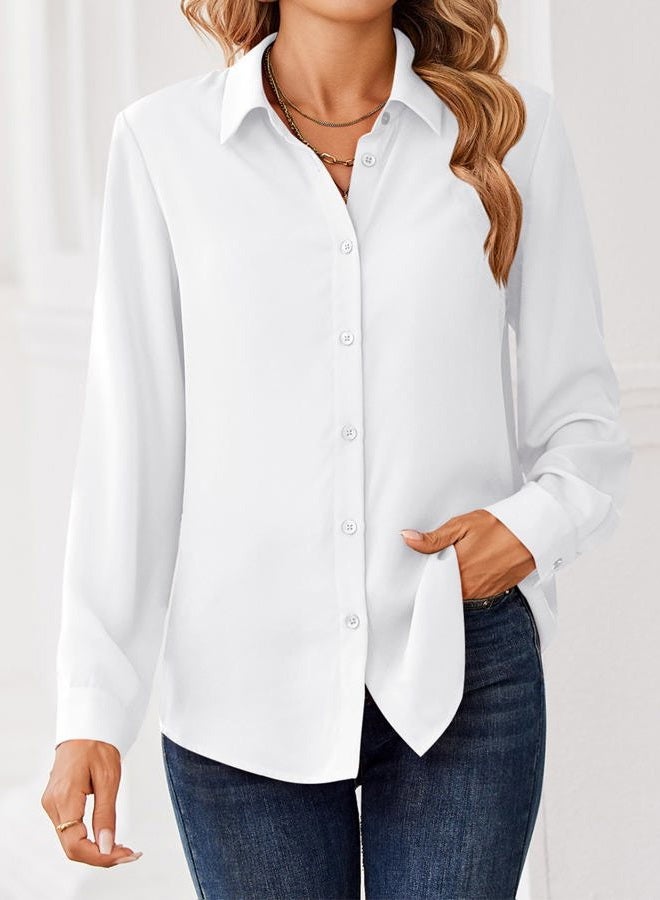 zeagoo Women Blouses Chiffon Long Sleeve Button Down Shirts Business Causal Dressy Work Top V Neck Summer Spring Clothes, White, S - Image 4