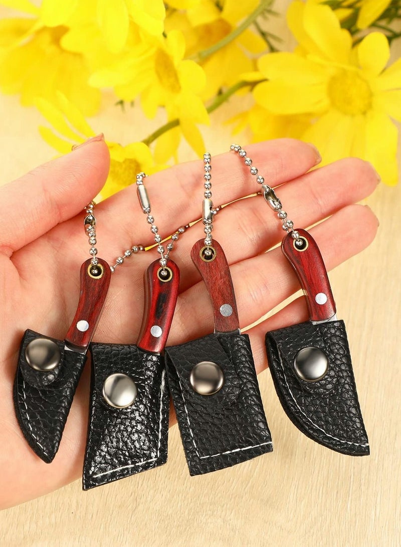 Excefore Knife Keychain Pocket Knife Set Tiny Knife Key Chain Wooden Handle Small Leather Sleeve Knife Outdoor Portable Carry on Decorative Gift Package Unboxing Knife Letter Opener - Image 3