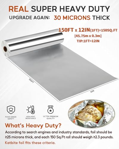 Katbite Aluminum Foil Roll, Heavy Duty 12inx150ft, 30 Micron Thick Strong Foils Aluminum Roll with Cutter for Home Cooking, Catering, Grilling,150Sqft - Image 2