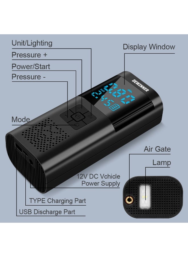 ديوينر ضاغط هواء محمول لنفخ الإطارات مزود بشاشة LCD، مع مضخة هواء ببطارية قابلة لإعادة الشحن بقوة 6000 مللي أمبير في الساعة لنفخ إطارات السيارات والدراجات النارية والدراجات النارية وكرة السلة وغيرها من الأجهزة المطاطية - Image 2