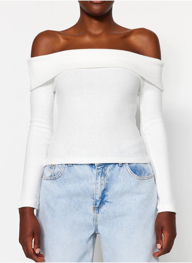 trendyol - Ecru Knitwear Look Carmen Collar Fitted Crop Knitted Madonna Collar Blouse TWOAW24BZ00180 - Image 1