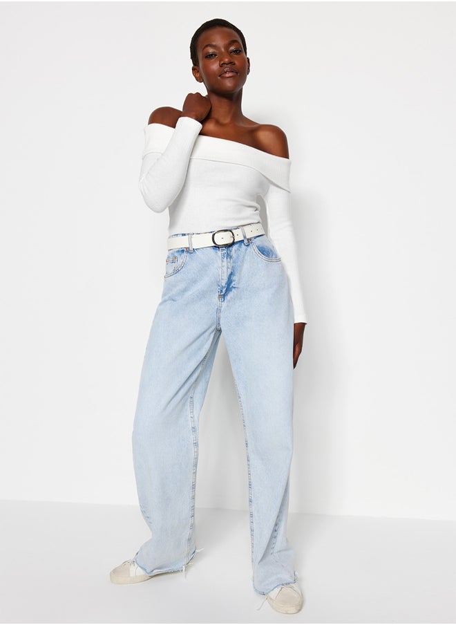 trendyol - Ecru Knitwear Look Carmen Collar Fitted Crop Knitted Madonna Collar Blouse TWOAW24BZ00180 - Image 1