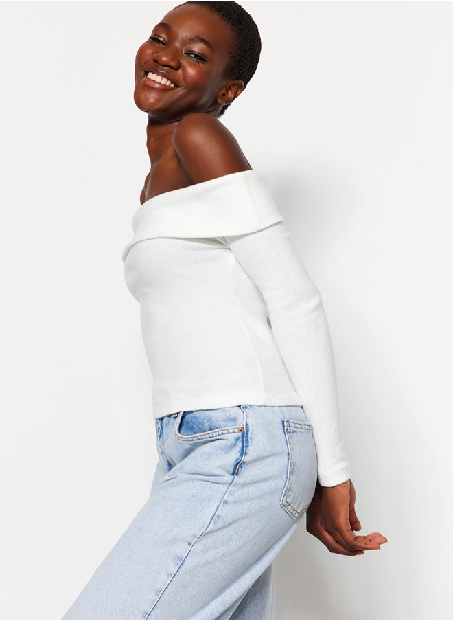 trendyol - Ecru Knitwear Look Carmen Collar Fitted Crop Knitted Madonna Collar Blouse TWOAW24BZ00180 - Image 1