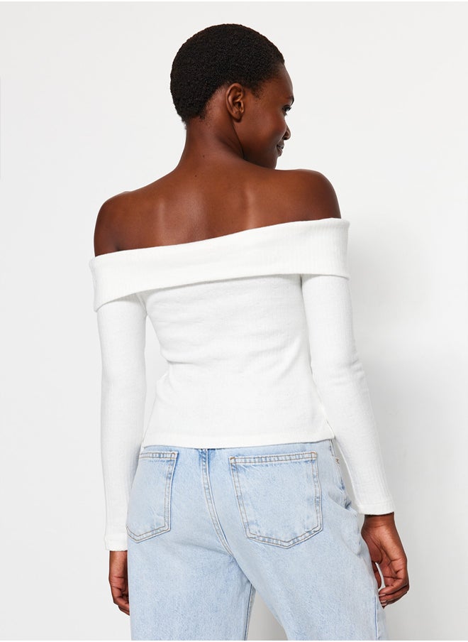 trendyol - Ecru Knitwear Look Carmen Collar Fitted Crop Knitted Madonna Collar Blouse TWOAW24BZ00180 - Image 1
