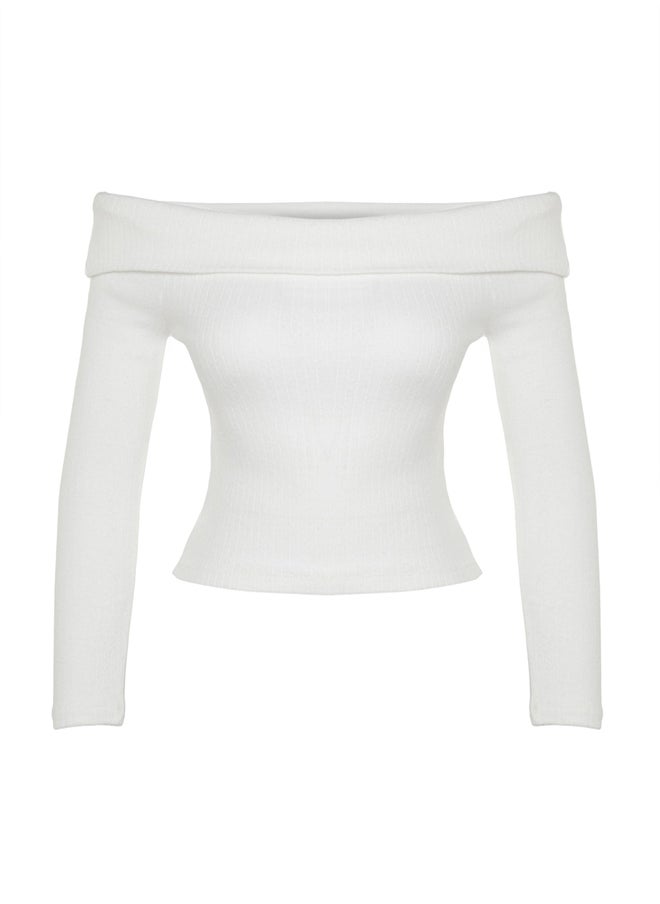 trendyol - Ecru Knitwear Look Carmen Collar Fitted Crop Knitted Madonna Collar Blouse TWOAW24BZ00180 - Image 1