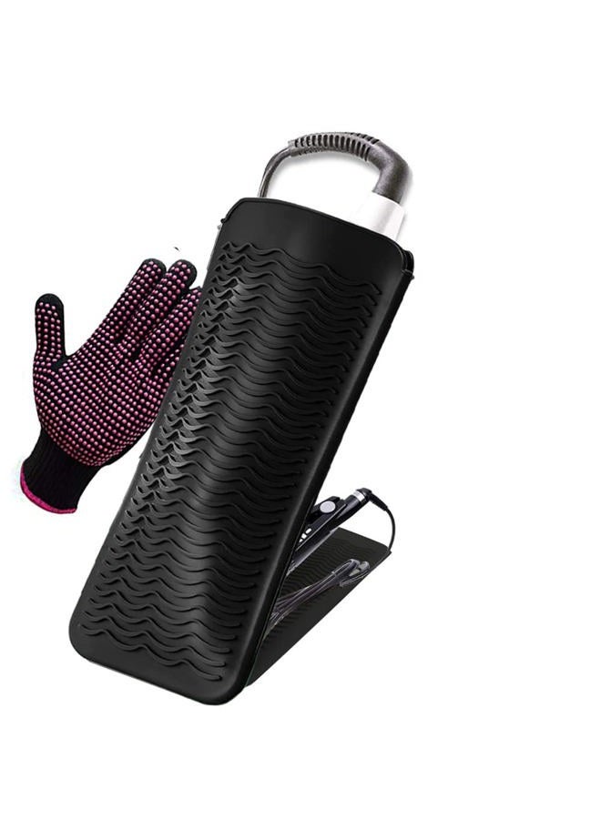 AFT90 Heat Resistant Silicone Mat and Glove Set for Hair Straighteners and Flat Irons - 11" x 6" Mat, 8.7" x 5.2" Bump Glove, Black - Image 1