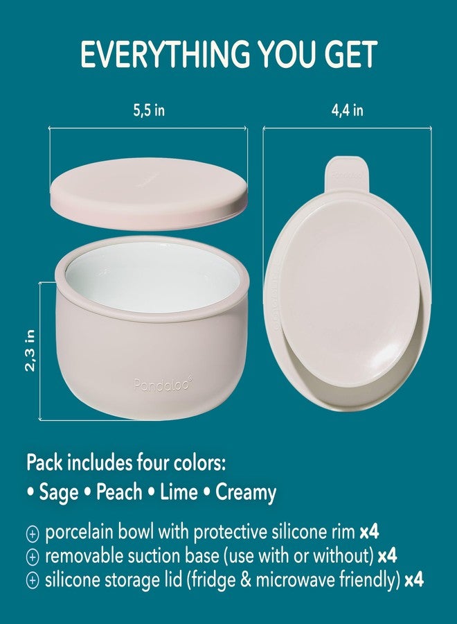 Pandaloo Porcelain Kids Bowls with Removable Silicone Sleeve & Lid - Strong Suction Base, Microwave & Dishwasher Safe, Toddler-Proof, Non-Slip Ceramic Feeding Bowls for Babies & Toddlers (Set of 4) - Image 2