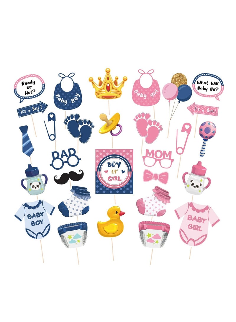 Excefore 29 Pcs Gender Reveal Photo Booth Props with Stick,Gender Prediction Decor Boy Or Girl Theme Selfie Props,He or She Photography Backdrop for Gender Reveal Baby Shower Party Accessories - Image 1