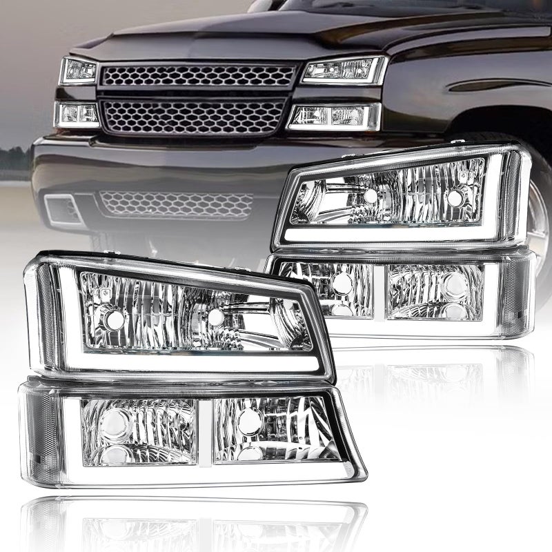 Fullux LED DRL Headlights Assembly fit 2003-2006 Chevy Silverado & Avalanche 1500 2500 without Factory Cladding Replacements Headlamp Clear Reflector Chrome Housing - Image 1