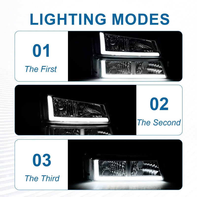 Fullux LED DRL Headlights Assembly fit 2003-2006 Chevy Silverado & Avalanche 1500 2500 without Factory Cladding Replacements Headlamp Clear Reflector Chrome Housing - Image 2