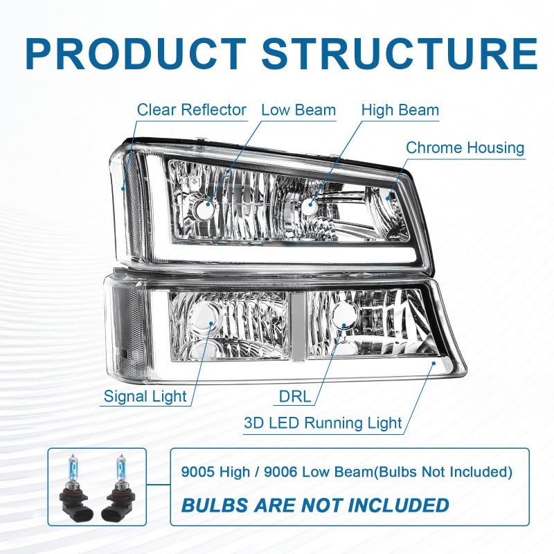 Fullux LED DRL Headlights Assembly fit 2003-2006 Chevy Silverado & Avalanche 1500 2500 without Factory Cladding Replacements Headlamp Clear Reflector Chrome Housing - Image 3