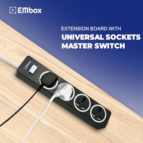 EMBOX 10A Extension Board with Master Switch-Extension Cord with 4 Universal Sockets-Spike Guard with Safety Shutter and LED Indicator-1500W (Black-2 Meter Cable) - Image 5