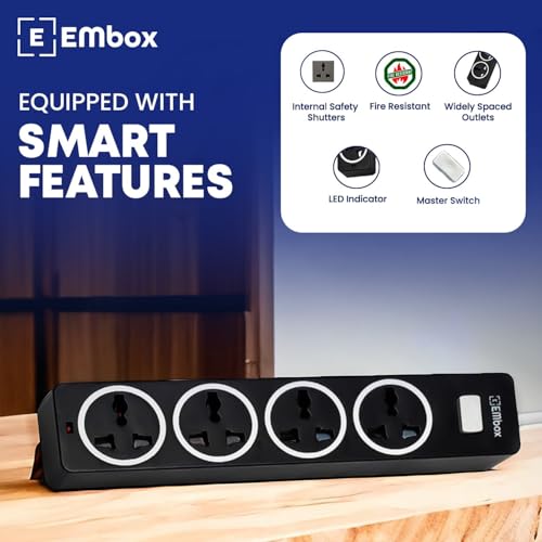 EMBOX 10A Extension Board with Master Switch-Extension Cord with 4 Universal Sockets-Spike Guard with Safety Shutter and LED Indicator-1500W (Black-2 Meter Cable) - Image 2