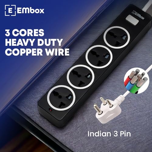 EMBOX 10A Extension Board with Master Switch-Extension Cord with 4 Universal Sockets-Spike Guard with Safety Shutter and LED Indicator-1500W (Black-2 Meter Cable) - Image 3