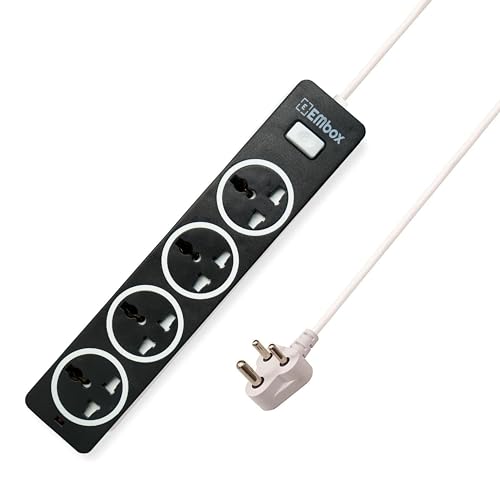 EMBOX 10A Extension Board with Master Switch-Extension Cord with 4 Universal Sockets-Spike Guard with Safety Shutter and LED Indicator-1500W (Black-2 Meter Cable) - Image 1