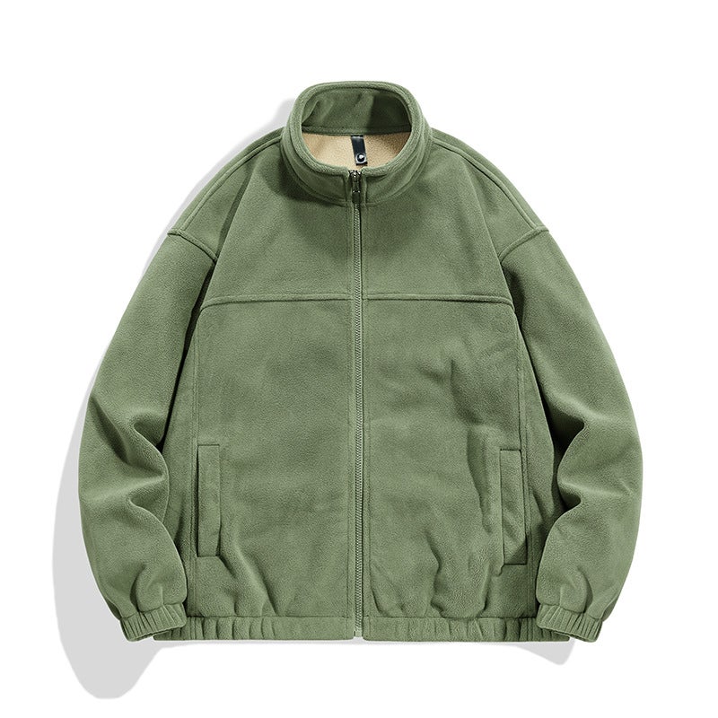 Autumn and Winter fleece-lined Warm Cardigan Sweater Mens Jacket Fashionable Polar Fleece Thickened Collar Jacket Mens Top Green - Image 1